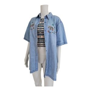 Vintage 90s "Passion" Denim Native Embroidered Button Up Shirt XL